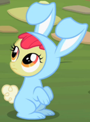 Size: 233x314 | Tagged: safe, screencap, apple bloom, earth pony, pony, family appreciation day, g4, bunny costume, clothes, cropped, female, filly, looking up, outfit catalog, sitting up, solo
