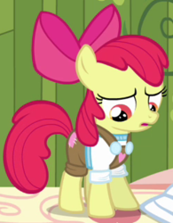 Size: 249x320 | Tagged: safe, screencap, apple bloom, earth pony, pony, g4, one bad apple, bow, clothes, female, filly, foal, outfit catalog, solo, too casual