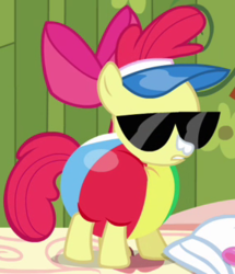 Size: 287x334 | Tagged: safe, screencap, apple bloom, earth pony, pony, g4, one bad apple, ball, bow, female, filly, foal, outfit catalog, solo, sunglasses, too summery