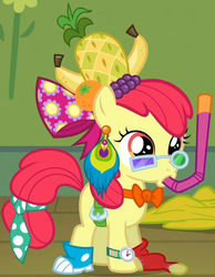 Size: 645x831 | Tagged: safe, screencap, apple bloom, earth pony, pony, g4, one bad apple, clothes, female, filly, foal, outfit catalog, snorkel, solo, watch