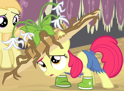 Size: 878x644 | Tagged: safe, screencap, apple bloom, earth pony, pony, g4, simple ways, giant hat, hat, outfit catalog