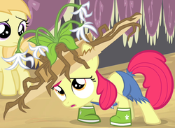 Size: 878x644 | Tagged: safe, screencap, apple bloom, earth pony, pony, g4, simple ways, clothes, female, filly, foal, giant hat, hat, outfit catalog, plant