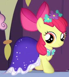 Size: 235x263 | Tagged: safe, screencap, apple bloom, earth pony, pony, g4, simple ways, adorabloom, bow, clothes, cropped, cute, dress, female, filly, hair bow, outfit catalog, smiling, solo
