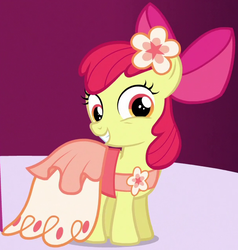 Size: 610x642 | Tagged: safe, screencap, apple bloom, earth pony, pony, g4, make new friends but keep discord, adorabloom, bow, clothes, cropped, cute, dress, female, filly, gala dress, hair bow, outfit catalog, smiling, solo