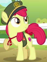 Size: 515x666 | Tagged: safe, screencap, apple bloom, 28 pranks later, g4, cutie mark, female, filly, filly guides, foal, hat, outfit catalog, solo, the cmc's cutie marks