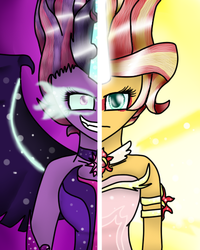 Size: 400x500 | Tagged: safe, artist:lunathedragonbunny, sci-twi, sunset shimmer, twilight sparkle, equestria girls, g4, my little pony equestria girls: friendship games, artificial wings, augmented, clothes, daydream shimmer, dress, duo, glowing eyes, magic, magic wings, midnight sparkle, split screen, wings