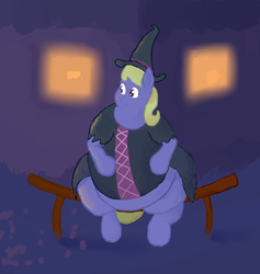 Size: 1899x2000 | Tagged: safe, artist:lupin quill, cloud kicker, g4, bench, clothes, costume, fat, female, nightmare night, nightmare night costume, obese, sitting, solo, window