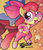 Size: 1114x1297 | Tagged: safe, idw, apple bloom, g4, spoiler:comic, abstract background, bow, clothes, costume, female, filly, foal, open mouth, outfit catalog, raised hoof, solo, superhero