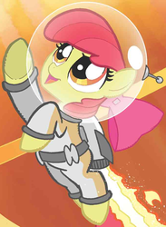 Size: 680x927 | Tagged: safe, idw, apple bloom, friends forever #2, g4, my little pony: friends forever, spoiler:comic, astronaut, clothes, costume, female, jetpack, outfit catalog, solo