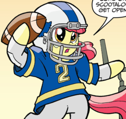 Size: 720x682 | Tagged: safe, idw, apple bloom, friends forever, g4, spoiler:comic, spoiler:comicff2, american football, female, football helmet, gradient background, helmet, open mouth, outfit catalog, solo
