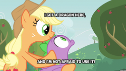 Size: 1280x720 | Tagged: safe, screencap, applejack, spike, dragon, earth pony, pony, apple family reunion, g4, awesome in hindsight, behaving like a weapon, discworld, dreamworks, duo, female, fire breath, flamethrower, flamethrower spike, image macro, lever, male, mare, meme, movie quote, movie reference, parody, shrek, sparks, text, zippo spike
