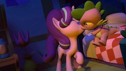 Size: 1024x576 | Tagged: safe, artist:dreadmaster231, spike, starlight glimmer, dragon, pony, unicorn, g4, 3d, bed, bedroom, eyes closed, kissing, male, raised hoof, ship:sparlight, shipping, straight