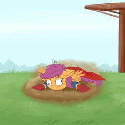 Size: 2000x2000 | Tagged: safe, artist:vanillaghosties, scootaloo, pegasus, pony, g4, clothes, costume, crash, derp, dizzy, fail, female, high res, male, scootacrash, scootaloo can't fly, solo, supergirl, superman