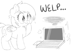 Size: 1172x841 | Tagged: safe, artist:purple-yoshi-draws, derpy hooves, pegasus, pony, g4, broken, computer, female, i just don't know what went wrong, laptop computer, lineart, mare, monochrome, simple background, solo, white background