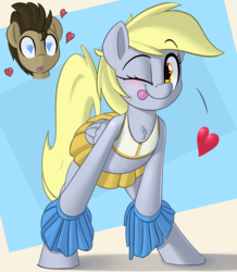 Size: 1740x2000 | Tagged: safe, artist:january3rd, derpy hooves, doctor whooves, time turner, pegasus, pony, g4, bipedal, blushing, bra on pony, cheerleader, chest fluff, clothes, cute, derpabetes, female, heart, heart eyes, male, mare, midriff, one eye closed, pom pom, ship:doctorderpy, shipping, skirt, sports bra, straight, tongue out, wingding eyes, wink
