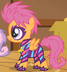 Size: 402x437 | Tagged: safe, screencap, scootaloo, sweetie belle, pony, g4, the show stoppers, clothes, cropped, face paint, outfit catalog, show stopper outfits, solo focus