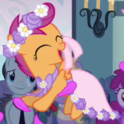 Size: 257x257 | Tagged: safe, screencap, berry punch, berryshine, scootaloo, earth pony, pegasus, pony, a canterlot wedding, g4, cropped, cute, cutealoo, eyes closed, female, filly, flower filly, flower girl, flower girl dress, happy, jumping, open mouth, outfit catalog, solo focus