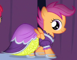 Size: 287x224 | Tagged: safe, screencap, apple bloom, scootaloo, pegasus, pony, g4, simple ways, clothes, cute, cutealoo, dress, female, filly, foal, outfit catalog, shoes, side view, spread wings, wings