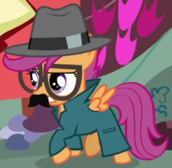 Size: 272x266 | Tagged: safe, screencap, scootaloo, pegasus, pony, g4, twilight time, clothes, disguise, female, filly, foal, outfit catalog, solo, trenchcoat