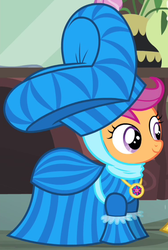 Size: 373x556 | Tagged: safe, screencap, scootaloo, pegasus, pony, for whom the sweetie belle toils, g4, clothes, cute, cutealoo, dress, female, filly, foal, hat, jewelry, necklace, outfit catalog, smiling, solo