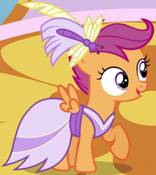 Size: 652x730 | Tagged: safe, scootaloo, pegasus, pony, g4, make new friends but keep discord, clothes, cute, cutealoo, dress, female, filly, foal, gala dress, hair accessory, open mouth, open smile, outfit catalog, raised hoof, smiling, solo, spread wings, wings