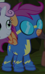 Size: 241x392 | Tagged: safe, screencap, apple bloom, scootaloo, sweetie belle, earth pony, pegasus, pony, unicorn, g4, scare master, aviator goggles, clothes, cute, cutealoo, cutie mark crusaders, female, filly, foal, goggles, outfit catalog, spread wings, wings, wonderbolts uniform