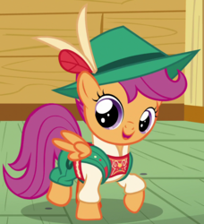 Size: 840x920 | Tagged: safe, screencap, scootaloo, pegasus, pony, g4, on your marks, clothes, cute, cutealoo, female, filly, lederhosen, mountain climbing, open mouth, outfit catalog, raised hoof, smiling, solo, spread wings, wings, yodeloo