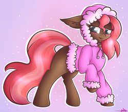Size: 2382x2081 | Tagged: safe, artist:ashee, oc, oc only, oc:scarlet trace (coffee bean), earth pony, pony, blushing, clothes, collar, female, freckles, high res, hoodie, mare, raised hoof, solo