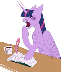 Size: 1289x1529 | Tagged: safe, artist:twigpony, twilight sparkle, alicorn, pony, g4, bags under eyes, book, coffee, cup, eyes closed, female, open mouth, quill, reading, sleepy, solo, twilight sparkle (alicorn), writing, yawn