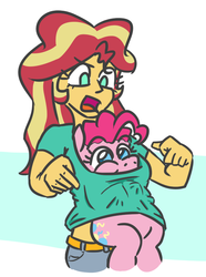 Size: 575x771 | Tagged: safe, artist:jargon scott, pinkie pie, sunset shimmer, equestria girls, g4, blue background, breasts, clothes, empty eyes, female, lesbian, looking down, no catchlights, no pupils, pinkie loves bacon bits, ship:sunsetpie, shipping, shirt, simple background, white background