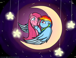 Size: 1280x980 | Tagged: source needed, safe, artist:cozmicpandawolf, pinkie pie, rainbow dash, g4, crying, female, lesbian, moon, pinkamena diane pie, ship:pinkiedash, shipping, single tear