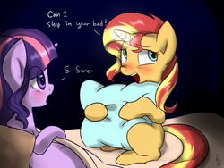 Size: 1400x1050 | Tagged: safe, artist:haden-2375, sci-twi, sunset shimmer, twilight sparkle, pony, unicorn, equestria girls, g4, bed, blanket, blushing, dialogue, duo, equestria girls ponified, female, glowing horn, horn, lesbian, pillow, ponified, ship:sci-twishimmer, ship:sunsetsparkle, shipping, text, unicorn sci-twi