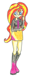 Size: 1700x4100 | Tagged: safe, artist:matmax426, sunset shimmer, equestria girls, g4, boots, clothes, female, high res, jacket, leather jacket, skirt, smiling, solo, traditional art