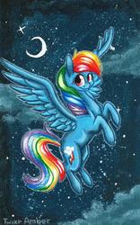 Size: 699x1119 | Tagged: safe, artist:twixyamber, rainbow dash, g4, female, moon, night, solo, spread wings, traditional art