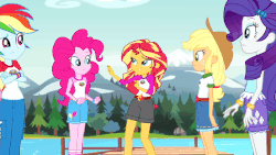 Size: 640x360 | Tagged: safe, screencap, applejack, pinkie pie, rainbow dash, rarity, sunset shimmer, equestria girls, g4, my little pony equestria girls: legend of everfree, animated, clothes, embrace the magic, female, gif, scenery