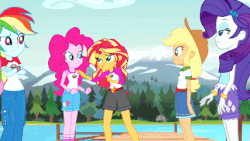 Size: 427x240 | Tagged: safe, screencap, applejack, fluttershy, pinkie pie, rainbow dash, rarity, sunset shimmer, equestria girls, g4, my little pony equestria girls: legend of everfree, animated, camp everfree outfits, clothes, embrace the magic, female, gif, mountain, mountain range, pier, scenery