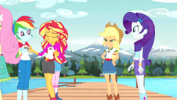 Size: 427x240 | Tagged: safe, screencap, applejack, fluttershy, pinkie pie, rainbow dash, rarity, sunset shimmer, equestria girls, g4, my little pony equestria girls: legend of everfree, animated, clothes, embrace the magic, female, gif, scenery