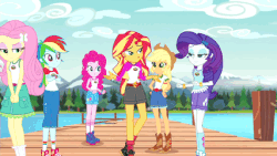 Size: 427x240 | Tagged: safe, screencap, applejack, fluttershy, pinkie pie, rainbow dash, rarity, sunset shimmer, equestria girls, g4, my little pony equestria girls: legend of everfree, animated, clothes, converse, embrace the magic, female, gif, scenery, shoes, sneakers