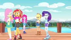 Size: 640x360 | Tagged: safe, screencap, applejack, fluttershy, pinkie pie, rainbow dash, rarity, sunset shimmer, equestria girls, g4, my little pony equestria girls: legend of everfree, animated, clothes, converse, embrace the magic, female, gif, scenery, shoes, sneakers, spinning