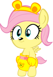 Size: 1696x2435 | Tagged: safe, artist:megarainbowdash2000, fluttershy, bear, pony, g4, animal costume, baby, baby pony, babyshy, clothes, cute, diaper, female, shyabetes, simple background, solo, transparent background, younger