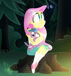 Size: 2140x2300 | Tagged: safe, artist:siggie740, fluttershy, spike, spike the regular dog, dog, human, equestria girls, g4, my little pony equestria girls: legend of everfree, cheek squish, clothes, duo, duo male and female, female, hat, high res, holding a dog, holding a spike, hug, male, moon, scared, shorts, sitting, spike is not amused, spikelove, squished, squishy cheeks, stars, tree, tree stump, unamused