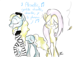 Size: 1167x850 | Tagged: safe, artist:keentao, fluttershy, oc, oc:madame banane, g4, feather, fishnet stockings, french, mascot, singing, this is going to hurt, translated in the comments, upset