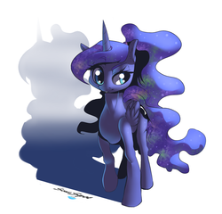 Size: 1600x1534 | Tagged: safe, artist:sourspot, princess luna, g4, female, looking at you, ponytail, raised eyebrow, raised hoof, shadow, signature, simple background, solo, walking, white background