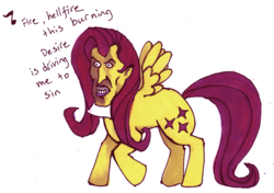 Size: 2097x1479 | Tagged: safe, artist:gobbledigooke, fluttershy, friendship is witchcraft, g4, cult leader fluttershy, female, frollo, frolloshy, hellfire, solo, the hunchback of notre dame, wat