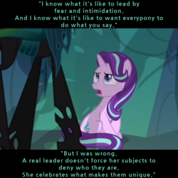 Size: 704x704 | Tagged: safe, edit, edited screencap, screencap, queen chrysalis, starlight glimmer, changeling, changeling queen, g4, to where and back again, caption, changeling hive, cropped, female, leadership, looking up, shadow, sitting, spread wings, talking, text, wisdom