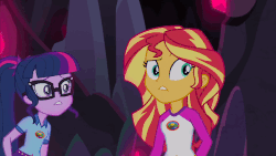 Size: 853x480 | Tagged: safe, screencap, sci-twi, sunset shimmer, twilight sparkle, equestria girls, g4, my little pony equestria girls: legend of everfree, animated, female, gif