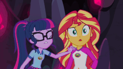 Size: 853x480 | Tagged: safe, screencap, sci-twi, sunset shimmer, twilight sparkle, equestria girls, g4, my little pony equestria girls: legend of everfree, animated, female, gif