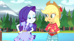 Size: 853x480 | Tagged: safe, screencap, applejack, rarity, equestria girls, g4, my little pony equestria girls: legend of everfree, animated, camp fashion show outfit, female, gif, smugity