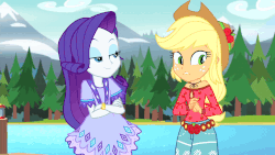 Size: 853x480 | Tagged: safe, screencap, applejack, rarity, equestria girls, g4, my little pony equestria girls: legend of everfree, animated, camp fashion show outfit, cute, female, gif, jackabetes, smugity