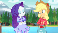 Size: 640x360 | Tagged: safe, screencap, applejack, rarity, equestria girls, g4, my little pony equestria girls: legend of everfree, animated, camp fashion show outfit, cute, female, gif, raribetes